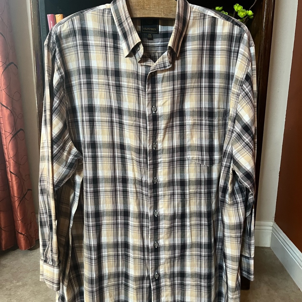 F/X Fusion Gray Black White Cream Plaid Button Up Long Sleeve Shirt 2XL
